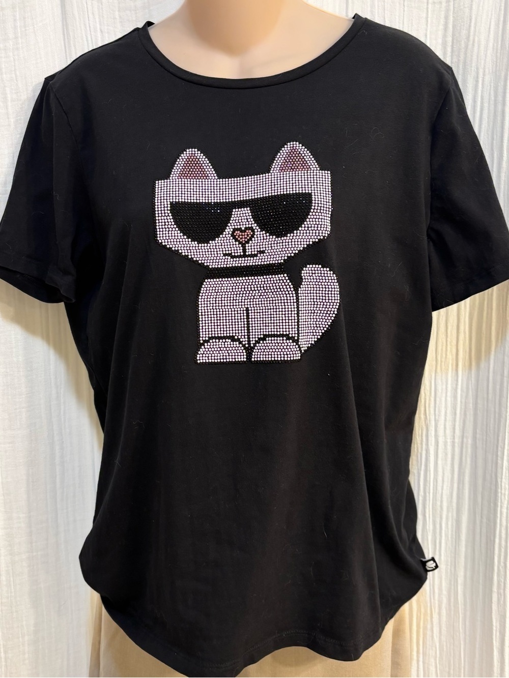 Karl Lagerfeld Paris Women's Black Rhinestone Cat Graphic Crew Neck Tee Size M